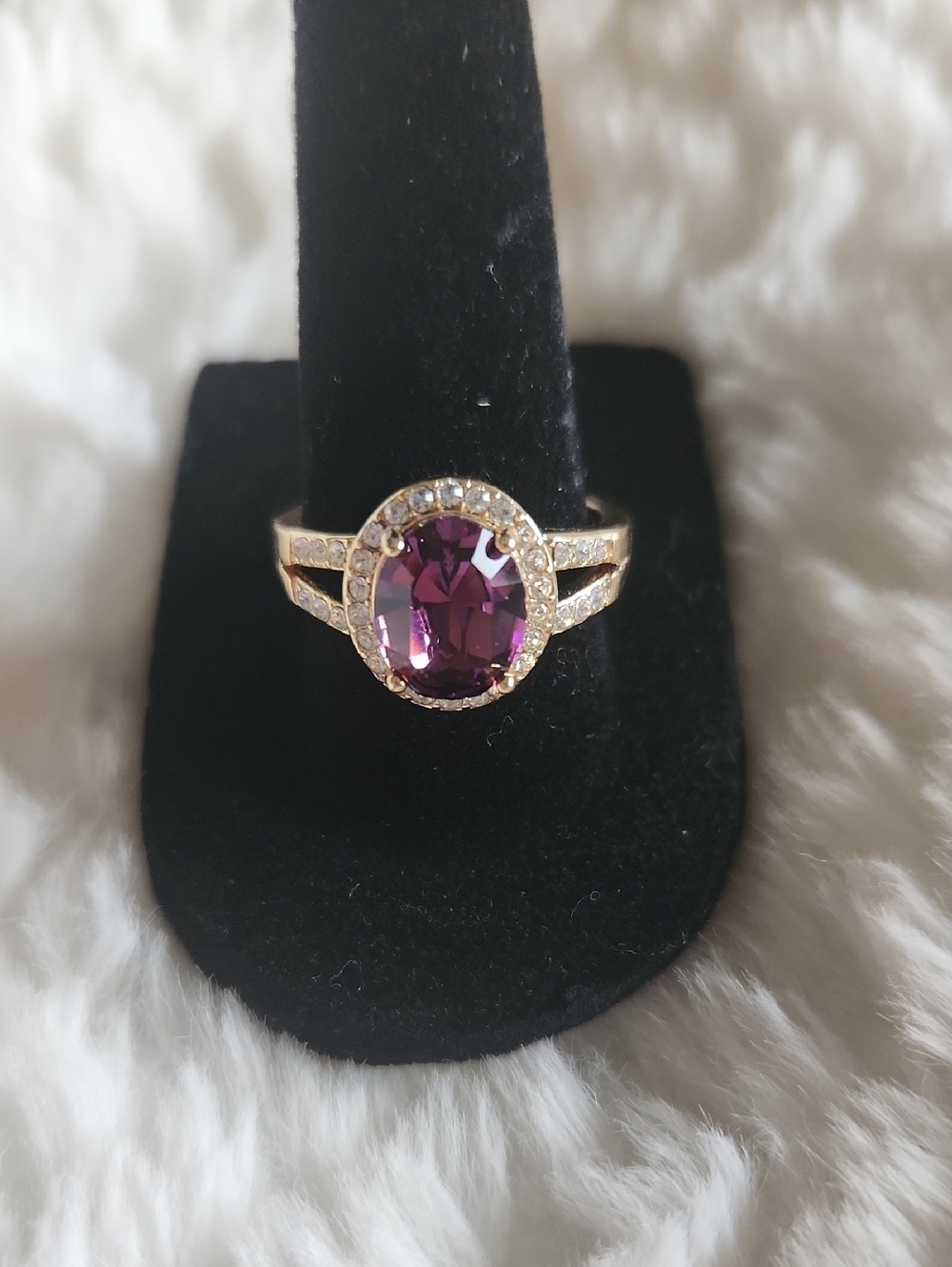 Luxury Gold Ring with Purple Amethyst Colored Gem and CZ Accent Stones